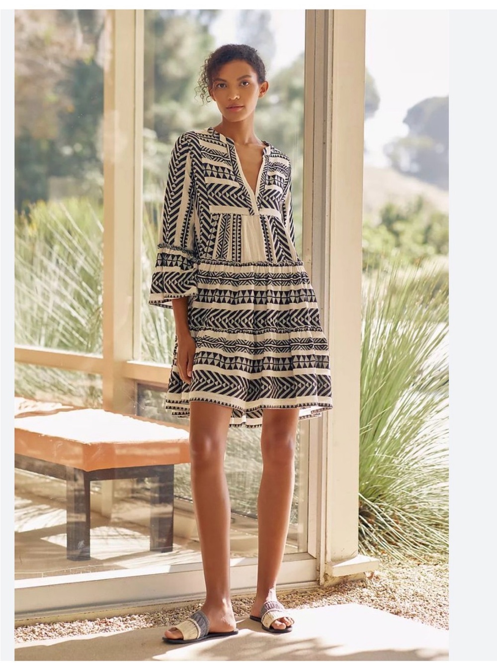 Boho Black & White V-Neck Tiered Midi Dress